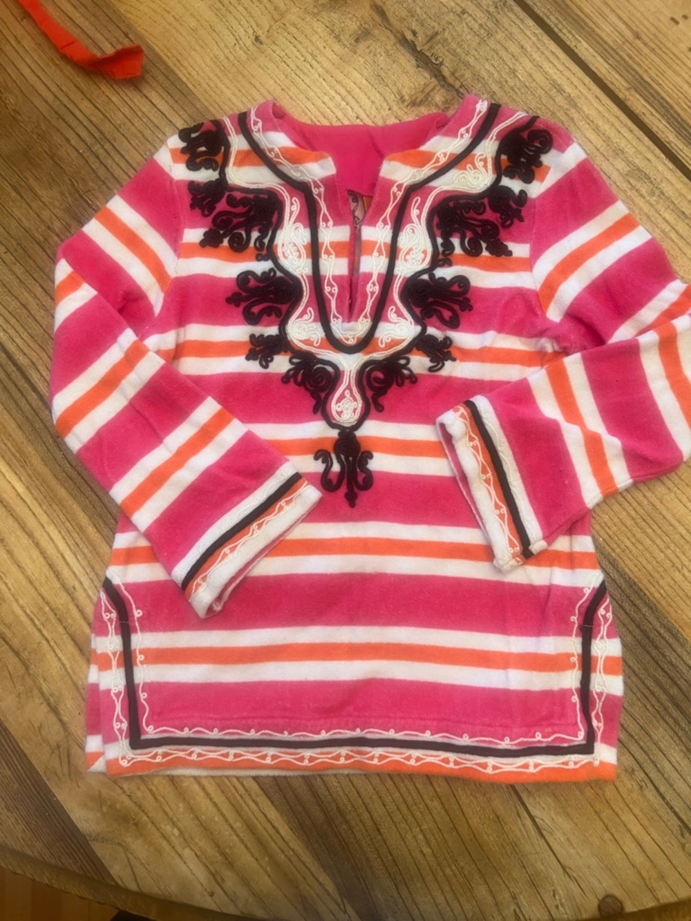 Tory Burch Girls' Size Small Pink Stripe Terry Cloth Embroidered Tunic Top